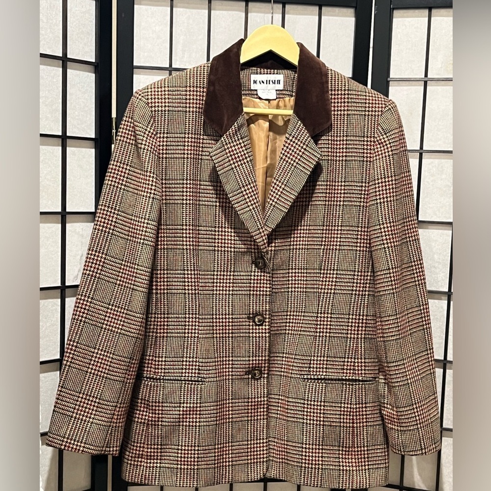 VINTAGE JOAN LESLIE  WOOL BLEND Plaid Blazer with Brown Velvet Collar, SIZE 10
